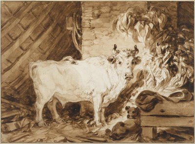 Vit tjur och en hund i ett stall av Jean Honore Fragonard