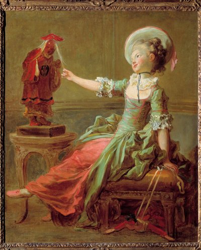En ung flicka har roligt med en kinesisk staty som drar i håret. Målning av Jean Honore Fragonard (1732-1806) Privat samling från 1700-talet av Jean Honore Fragonard