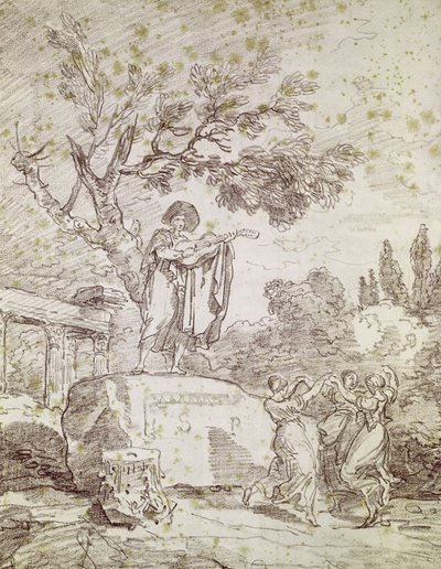 En italiensk gitarrist spelar för tre dansande flickor (rödkrita på papper) av Jean Honore Fragonard