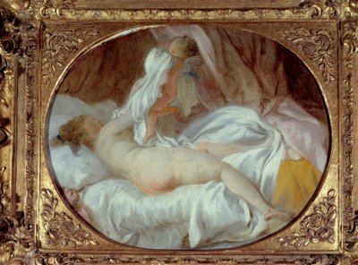 Erotik: "" Skjortan borttagen""" En ung kvinna som tar av sig skjortan med hjälp av en kärlek. Målning av Jean-Honore Fragonard (1732-1806) Före 1778 sön. 0,35x0,42 m. av Jean Honore Fragonard