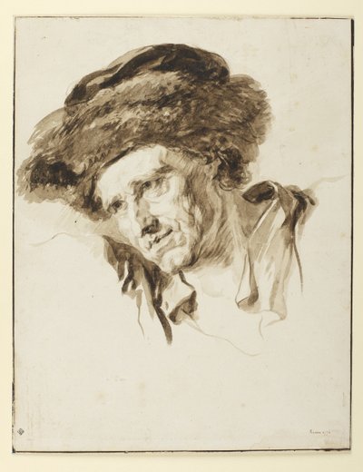 Huvud på en man som bär en pälsmössa, 1774 (penna och bläck, tvätt och grafit på papper) av Jean Honore Fragonard