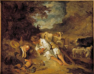 Mercury och Argus Charge av Juno för att hålla Io förvandlad till en ko, Argus (Argos) somnade. Utklädd till en herde predikar Mercury att döda honom för att befria Jupiters älskade nymf. Målning av Jean Honore Fragonard (1732-1806) efter Karel Fabritius ( av Jean Honore Fragonard