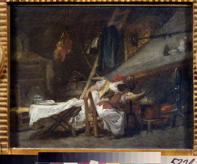 ""Pres du poele"" (Vid spisen) Scen i ett kök, nära spisen, tittar kockar på tillagningen av en maträtt i en gryta. Målning av Jean Honore Fragonard (1732-1806). Olja på duk. Rokoko. Pushkin-museet, Moskva av Jean Honore Fragonard