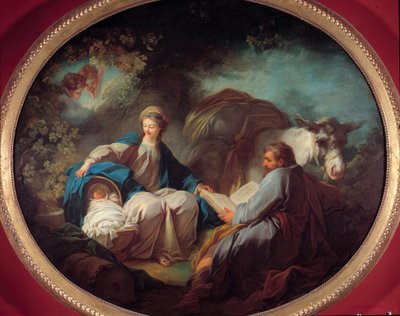 Vila under flygningen till Egypten Den heliga familjen vilar under resan. Målning av Jean Honore Fragonard (1732-1806) 1700-tals privat samling av Jean Honore Fragonard