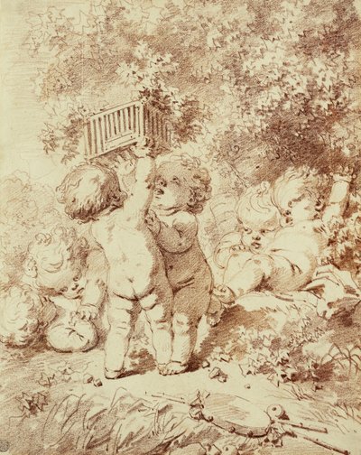 Sex Putti på spel, två håller upp en bur, av Jean Honore Fragonard