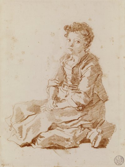 Liten flicka som sitter på marken (röd krita på papper) av Jean Honore Fragonard