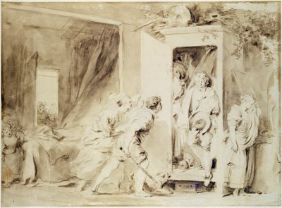 The Surprised Lover, 1755 (brun penna över krita preliminär ritning) av Jean Honore Fragonard