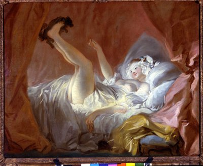 Gimbletten. Gimbletten är en bakelse i form av ringar. Flickan leker liggande på sin säng med en hund genom att ge henne den här kakan. Målning av Jean Honore Fragonard (1732-1806), Paris Fond Cailleux av Jean Honore Fragonard