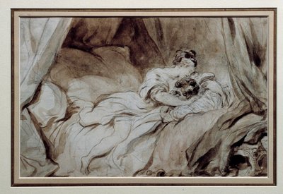 Det lyckliga ögonblicket Ett par som strök varandra i en säng. Ritning i Bistre Wash av Jean Honore Fragonard (1732-1806) Privatsamling från 1700-talet av Jean Honore Fragonard