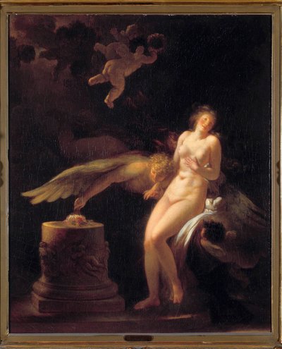Rosens offer En naken ung kvinna framför ett offeraltare på vilket det ligger en ros (hennes oskuld?) och en varelse ailee. Målning av Jean Honore Fragonard (1732-1806). 1700-tals privatsamling av Jean Honore Fragonard