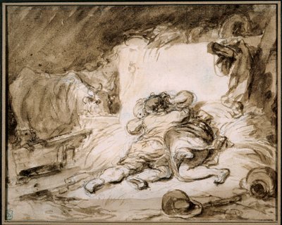 Stallet Ett par omfamnar på en höstack. Teckning i tvätten av Jean Honore Fragonard (1732-1806) Paris. Musee Cognacq Jay av Jean Honore Fragonard