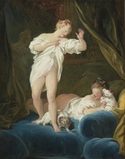 Två flickor på en säng som leker med sina hundar av Jean Honore Fragonard