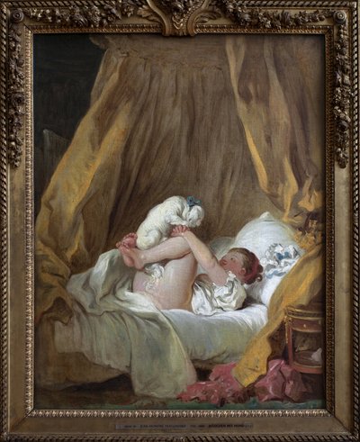 Ung flicka med en hund. Målning av Jean Honore Fragonard (1732-1806), olja på duk av Jean Honore Fragonard
