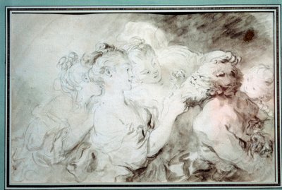 Unga flickor som brottas med en satyr Unga kvinnor har roligt med en satyrskägg. Ritning i Bistre Wash av Jean Honore Fragonard (1732-1806) Privatsamling från 1700-talet av Jean Honore Fragonard
