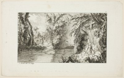 Landskap med en vandrare och en kaskad, plansch 5 från den andra sviten Livre de paysages (Landskapsboken) av Jean Hoüel