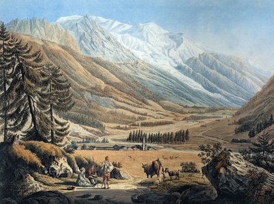 vy över Chamonixdalen, från byn Argentiere av Jean Daniel Huber under resa ca 1785 (gravyr) av Jean Huber