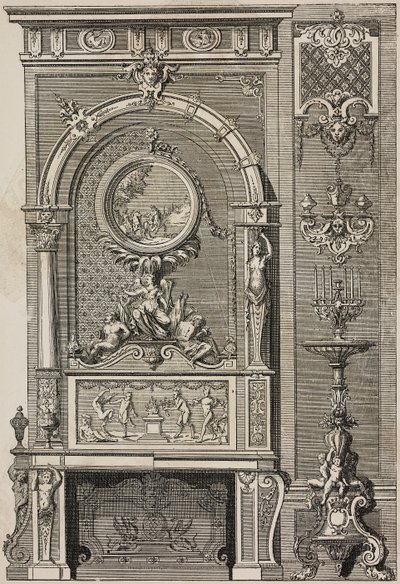 Öppen spis, av Jean Berain (1640-1711), gravyr av Scotin Aine från L