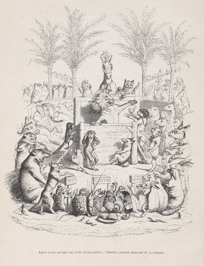 Efter att ha tagit emot ett glas sött vatten, stiger den berömda talaren ner från pl..., ca. 1837-47. av Jean Ignace Isidore Gérard