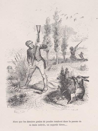 När de sista puderkornen faller ner i hans svärtade hand, kommer en fantastisk hare... fr..., 1843. av Jean Ignace Isidore Gérard