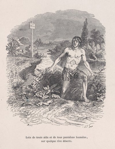 Bort från all hjälp och utan byxor, på någon öde strand från Little Miserie of H..., 1843. av Jean Ignace Isidore Gérard