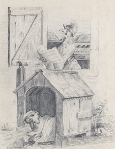 Hund i hundkoja, tupp som sjunger vid fönstret, ca. 1842. av Jean Ignace Isidore Gérard