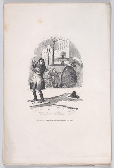 Han reser sig, täckt från topp till tå av snö. från Människolivets små elände, 1843. av Jean Ignace Isidore Gérard
