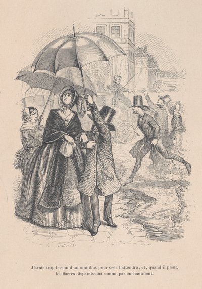 Jag var i för mycket behov av en omnibus, men så fort det börjar regna verkar de alla d..., 1843. av Jean Ignace Isidore Gérard