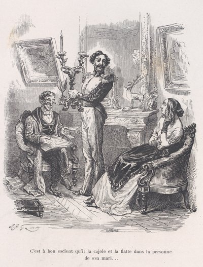 Det är bra att han lockar och smickrar henne inför sin man. från Lilla Miseri..., 1843. av Jean Ignace Isidore Gérard