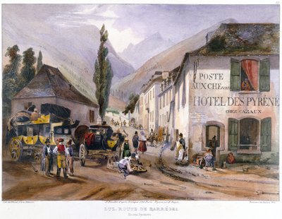 Arrival and Repair of a Stagecoach at Luz on the Road to Barreges, c.1840  av Jean Jacottet