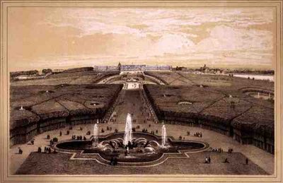 Allmän utsikt över parken och palatset i Versailles, publicerad av Auguste Bry (litho) av Jean Jacottet