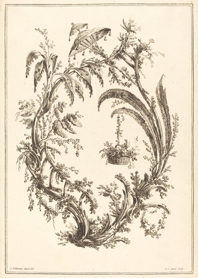 Prydnad med parasoll och hängande korg av Jean Jacques Avril I after Jean Baptiste Pillement