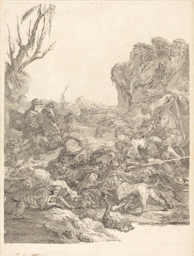 En björnjakt av Jean Jacques Flipart after Carle Van Loo