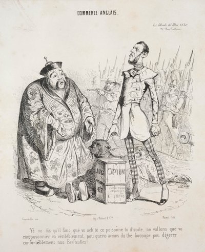 engelsk handel. Ja, du säger att du måste köpa det här giftet direkt, vi vill verkligen att du ska förgifta dig själv, så att vi kan dricka koppat te för att bekvämt smälta våra biffar! av Jean Jacques Grandville