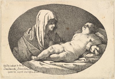 Jungfrun till vänster tittar på spädbarnet Kristus när han sover, en oval sammansättning, efter ..., 1760-63. av Jean Jacques Lagrenee