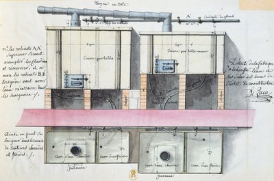 Design för system för uppvärmning av vatten på Hotel de Montholon i Paris, ca 1787 (wc på papper) av Jean Jacques Lequeu