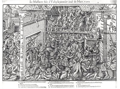 Massakern på den protestantiska befolkningen av hertigens trupper i Wassy-sur-Blaise den 1 mars 1562, graverad av Jacques Tortorel (1568-92). av Jean Jacques Perrissin