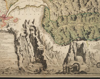 En ny karta över Schweiz med de mest kända och mäktiga kantonerna och offentliga angelägenheter av den reformerade religionen Tigurina, Bern, Glarus, Basel, Scafusiana, Abbot Cellana, detalj, c.1712 (handfärgat tryck) av Jean Jacques Scheuchzer