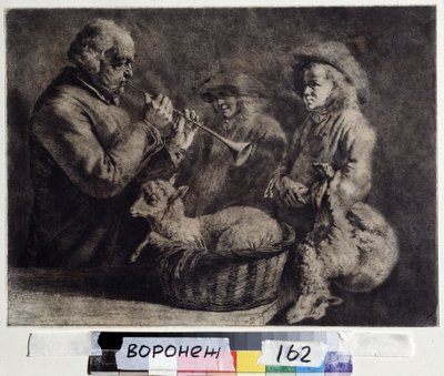 ""Oboisten"" (oboist) En musiker som spelar oboe inför två herdar. Träsnitt av Jean Jacques de Boissieu (1736-1810) 1772 Ivan Kramskoy (eller Kramskoi) konstmuseum i Voronezh (Voronezh), Ryssland. av Jean Jacques de Boissieu