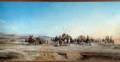 Letar efter en camping karavaner av nomader och kameler i öknen. Målning av Jean Joseph Bellel (1816-1898) Montpellier från 1800-talet, Musee Fabre - Letar du efter ett läger. Nomadiska karavaner och kameler i öknen. Målning av Jean Joseph Bellel (1816-189 av Jean Joseph Bellel