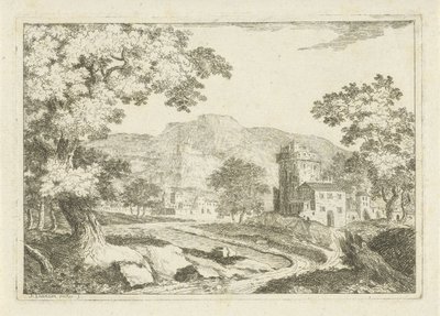 Flodlandskap med hus och torn av Jean Joseph Hanson