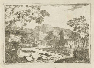 Flodlandskap med hus och torn av Jean Joseph Hanson