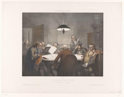 Lässkåp med läsande män vid ett runt bord Le cabinet de lecture / Läsklubben / Das Lesecabinet (titel på objekt) Museum of Laughers (serietitel) Le musée des rieurs (serietitel på objekt) av Jean Julien Jacott