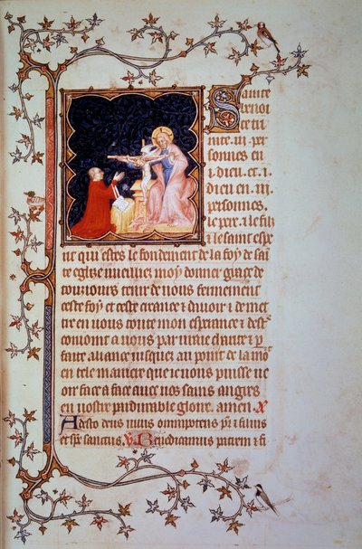 Hertig John I av Berry (1340-1416) före den heliga treenighetsminiatyren hämtad från manuskriptet (ms. lat. 18014) "The Little Hours of John of Berry"" belyst av John the Black, ca 1375. Paris, B.N. av Jean Le and workshop (attr. to) Noir