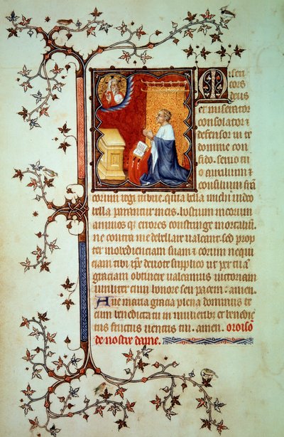 Hertig John I av Berry (1340-1416) bad inför Gud som välsignade honom Miniatyr från manuskriptet (ms. lat. 18014) "The Little Hours of John of Berry"" upplyst av John the Black, ca 1375. Paris, B.N. av Jean Le and workshop (attr. to) Noir