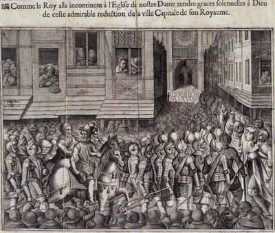 Entré av Henrik IV (1553 - 1610) i Paris den 22 mars 1594 och går till Cathedrale de Notre Dame för att delta i mässan - Gravyr av Jean Lecler, efter Bollery, Musee de Notre Dame de Paris av Jean Leclerc