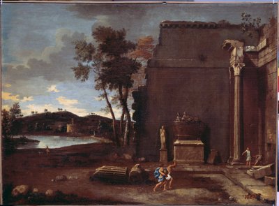 Landskap med en sarkofag. Målning av Jean Le Maire (1597-1659). Fransk konst, olja på duk. Eremitagemuseet, Sankt Petersburg av Jean Lemaire