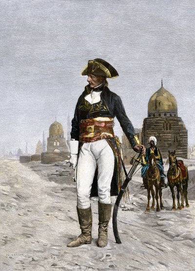 Fälttåget (expeditionen) i Egypten (1798-1801): porträtt av Napoleon Bonaparte (1769-1821) i Kairo 1798. Gravyr i kolorering efter en målning av Jean Leon (Jean-Leon) Gerome. av Jean Leon Gerome