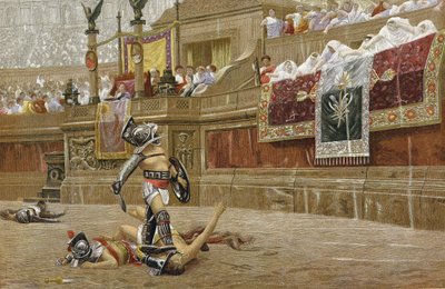 Gladiatorer i den romerska arenan: åskådarna gör tummen ner för att signalera att segraren inte ska skona sin motståndare. Kromolitografi efter målning av JL Gerome. av Jean Leon Gerome