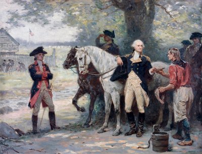 Amerikanska självständighetskriget (1775-1783): George Washington (1732-1789) halvvägs till Brook, nära kontinentalarméns militärläger, en ung man ger honom en drink - Målning av Jean Leon Gerome Ferris (1863-1930 ) av Jean Leon Gerome