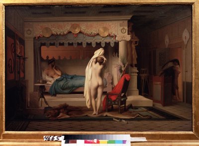 ""Representation of the King of Lydie Candaules (eller Caudale)"" Kungen visar sin nakna fru för sin förtrogne Gyges, gömd i skuggorna när hon klär av sig i sovrummet. Målning av Jean Leon Gerome (1824-1904) Efter 1859 Pushkin Museum, Mo av Jean Leon Gerome